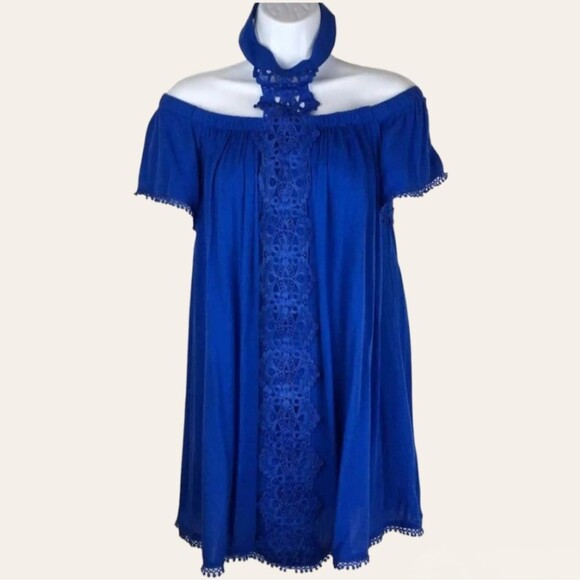 Entro Blue Boho Off the Shoulder Halter Top Size Small - Picture 2 of 12